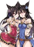  2girls animal_ears asanagi bangs bare_shoulders belt black_hair blue_dress blush breasts character_request cheek-to-cheek choker collarbone commentary_request detached_sleeves dress erune eyebrows_visible_through_hair fang flower granblue_fantasy grin hair_between_eyes hand_holding highres interlocked_fingers long_hair looking_at_viewer multiple_girls niia one_eye_closed open_mouth puffy_short_sleeves puffy_sleeves red_dress red_eyes scrunchie short_sleeves simple_background sleeveless sleeveless_dress smile teeth twintails v white_background wrist_scrunchie 