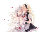  2girls apron bangs bare_shoulders blonde_hair braid breasts bridal_veil bride choker cleavage closed_eyes dress elbow_gloves g36_(girls_frontline) g36c_(girls_frontline) girls_frontline gloves hair_over_one_eye hat large_breasts long_hair maid_apron maid_headdress multiple_girls necktie open_mouth petals red_neckwear rose_petals shuzi side_braid silver_hair simple_background smile strapless strapless_dress tears veil very_long_hair waist_apron wedding_dress white_apron white_background white_dress white_gloves yuri 