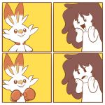  1girl 4koma :d black_eyes boxing_gloves brown_eyes brown_hair calisdraws comic commentary creature creatures_(company) english_commentary eyelashes flat_chest frown game_freak gen_8_pokemon hands_on_own_face happy highres long_hair nintendo open_mouth original pokemon pokemon_(creature) rabbit scorbunny simple_background smile yellow_background 