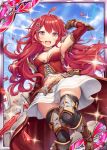  1girl akkijin belt blue_eyes breasts brown_gloves card_(medium) cleavage gloves hair_ornament holding holding_sword holding_weapon looking_at_viewer looking_down medium_breasts official_art redhead shinkai_no_valkyrie sword thigh-highs weapon 
