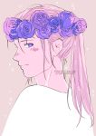  1boy alternate_hair_length alternate_hairstyle artist_name flower flower_on_head from_behind highres long_hair looking_at_viewer looking_back male_focus meyoco pink_background ponytail portrait profile purple_flower simple_background smile solo viktor_nikiforov violet_eyes yuri!!!_on_ice 