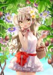  1girl basket blue_sky blush bow braid brown_hair dark_skin day dress flower food fruit hair_flower hair_ornament hand_up kawanobe long_hair looking_at_viewer ocean open_mouth original outdoors red_bow side_ponytail sky solo standing tan tree_shade white_dress yellow_eyes 