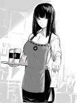  1girl apron barista black_eyes black_hair blouse cafe coffee_cup commentary cup disposable_cup drinking_glass english_commentary foreshortening indonesian_text light_rays long_hair looking_at_viewer menu_board monochrome naoko_(9113419) original sign sunbeam sunlight tray waitress window writing 