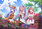  3girls basket blue_flower blue_hair blue_rose blue_sky braid breasts brown_dress brown_gloves brown_hair brown_hat center_frills character_request closed_eyes closed_mouth clouds cloudy_sky collared_dress commentary_request corset day detached_sleeves dress flower food food_request frills fruit gloves grapes hands_together hat highres holding holding_food houchi_shoujo leaf leaves_in_wind long_hair long_sleeves lunacle medium_breasts multiple_girls outdoors own_hands_together puffy_short_sleeves puffy_sleeves pumpkin purple_flower purple_hair purple_rose red_eyes red_flower red_rose rose see-through see-through_sleeves short_sleeves sky smile strapless strapless_dress tree twin_braids twintails very_long_hair white_dress white_gloves wide_sleeves 
