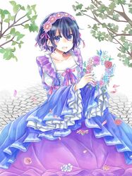  1girl alternate_costume black_hair dress fire_emblem fire_emblem:_kakusei flower hair_flower hair_ornament hairband holding long_sleeves mark_(female)_(fire_emblem) mark_(fire_emblem) nintendo open_mouth petals short_hair sitting solo tree_branch violet_eyes wreath yuyu_(spika) 