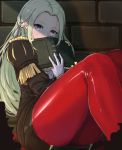  1girl against_wall artist_name black_dress blonde_hair blush book brick_wall commentary_request dress edelgard_von_hresvelgr_(fire_emblem) feet_out_of_frame fire_emblem fire_emblem:_three_houses forehead fringe_trim gloves highres holding holding_book ippers knees_up legs_together long_hair long_sleeves looking_at_viewer military military_uniform nintendo open_book pantyhose red_legwear signature sitting solo uniform violet_eyes white_gloves 