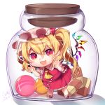  1girl :d against_glass ankle_socks arms_up blonde_hair bottle candy checkerboard_cookie chibi commentary_request cookie cravat dated eyebrows_visible_through_hair flandre_scarlet food frilled_shirt_collar frilled_skirt frills gunjou_row hair_between_eyes hat hat_ribbon in_bottle in_container leaning_to_the_side looking_at_viewer mary_janes mob_cap open_mouth pink_hat pink_shirt puffy_short_sleeves puffy_sleeves red_eyes red_footwear red_skirt red_vest ribbon shadow shirt shoes short_hair short_sleeves side_ponytail signature simple_background skirt slit_pupils smile solo standing touhou vest white_background white_legwear wings yellow_neckwear 