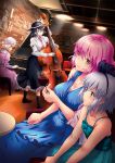  4girls alcohol alternate_costume aqua_dress aqua_eyes awa_yume bare_shoulders black_hair blonde_hair blue_dress blue_eyes boots breasts cello chair cleavage contemporary cup dress dress_shirt drinking_glass fedora hair_ribbon hat highres holding holding_cup instrument konpaku_youmu large_breasts long_skirt maribel_hearn medium_breasts mob_cap multiple_girls necktie no_hat no_headwear piano pink_eyes pink_hair purple_dress ribbon saigyouji_yuyuko shawl shirt short_hair silver_hair sitting skirt smile table touhou usami_renko wine wine_glass yellow_eyes 