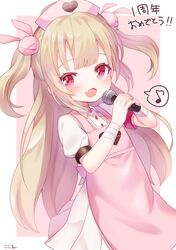  &gt;_&lt; 1girl :d apron armband bandage bandaged_arm bandages bangs blush brown_background bunny_hair_ornament center_frills collared_shirt commentary_request eighth_note eyebrows_visible_through_hair fang fingernails frills hair_ornament hands_together hat heart highres holding holding_microphone koko_ne_(user_fpm6842) light_brown_hair long_hair looking_at_viewer microphone musical_note nail_polish natori_sana nurse_cap open_mouth own_hands_together pink_apron pink_hat pink_nails pleated_skirt puffy_short_sleeves puffy_sleeves red_eyes sana_channel shirt short_sleeves skirt smile solo spoken_musical_note translated two-tone_background two_side_up very_long_hair virtual_youtuber white_background white_shirt white_skirt 