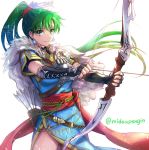  1girl arrow black_gloves bow_(weapon) closed_mouth dress earrings fingerless_gloves fire_emblem fire_emblem:_rekka_no_ken fire_emblem_heroes gloves green_eyes green_hair holding holding_bow_(weapon) holding_weapon jewelry long_hair lyndis_(fire_emblem) mintes nintendo ponytail quiver short_sleeves side_slit simple_background smile solo twitter_username weapon white_background 