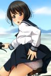  1girl :o absurdres bangs bicycle black_hair black_sailor_collar black_skirt blue_sky blurry blurry_background blush brown_eyes clouds day depth_of_field eyebrows_visible_through_hair ground_vehicle heart heart_panties heart_print highres long_sleeves looking_at_viewer looking_to_the_side matsunaga_kouyou open_mouth original outdoors panties pleated_skirt print_panties sailor_collar shirt skirt skirt_lift sky sleeves_past_wrists solo underwear white_panties white_shirt wind wind_lift 