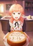  1girl ahoge apron bag birthday birthday_cake brown_eyes cabinet cake cherry_print food food_print happy_birthday indoors koito_yuu looking_at_viewer mixing_bowl open_mouth painting_(object) pink_hair short_hair short_sleeves short_twintails sink solo somatcha standing tile_floor tiles twintails twitter_username whisk window yagate_kimi_ni_naru 