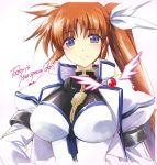 1girl birthday blue_eyes blush breasts brown_hair closed_mouth commentary_request gradient gradient_background hair_ribbon higa_yukari jacket long_hair long_skirt long_sleeves looking_at_viewer lyrical_nanoha magical_girl mahou_shoujo_lyrical_nanoha medium_breasts raising_heart ribbon shirt side_ponytail simple_background skirt solo standing takamachi_nanoha upper_body violet_eyes white_jacket white_ribbon white_shirt white_skirt 