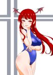  1girl alternate_costume bat_wings blue_swimsuit blush breasts chin_rest covered_navel cowboy_shot cross eyebrows_visible_through_hair half-closed_eyes hand_on_own_chin head_wings highres koakuma large_breasts lips long_hair looking_at_viewer one-piece_swimsuit red_eyes redhead shiraue_yuu simple_background slit_pupils smile solo swimsuit touhou white_background wings 