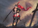  1girl armor black_gloves black_hat black_legwear blonde_hair breasts cleavage day flag glint gloves hand_on_hip hat helmet highres holding holding_flag knight large_breasts long_hair outdoors pixiv_fantasia_last_saga planted_weapon sakazu_mekasuke sandstorm solo_focus sword vackenbale weapon 