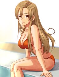  1girl anbj bikini breasts brown_eyes brown_hair cleavage hair_between_eyes idolmaster idolmaster_cinderella_girls leaning_forward long_hair looking_at_viewer matsunaga_ryou medium_breasts orange_bikini sideboob sitting smile solo swimsuit very_long_hair 