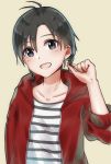  :d antenna_hair black_eyes black_hair cardigan collarbone hair_between_eyes hair_twirling head_tilt highres hood hood_down hooded_cardigan idolmaster idolmaster_(classic) kikuchi_makoto looking_at_viewer low_twintails mogskg multiple_girls open_cardigan open_clothes open_mouth red_cardigan shiny shiny_hair shirt short_twintails simple_background smile solo striped striped_shirt twintails upper_body white_background 