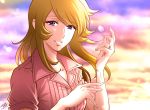  1girl 2019 bangs blonde_hair blurry blurry_background clouds cloudy_sky dated day dress_shirt floating_hair lens_flare long_hair mori_yuki outdoors parted_lips pink_eyes pink_shirt shirt short_sleeves signature sky solo swept_bangs uchuu_senkan_yamato uchuu_senkan_yamato_2199 upper_body yokon2199 