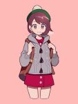  1girl backpack bag bangs brown_eyes brown_hair cardigan cowboy_shot creatures_(company) cropped_legs female_protagonist_(pokemon_swsh) game_freak green_hat hat kisaragi_yuu_(fallen_sky) long_sleeves looking_at_viewer nintendo pink_background pokemon pokemon_(game) pokemon_swsh red_shirt shirt short_hair signature simple_background smile solo tam_o&#039;_shanter 