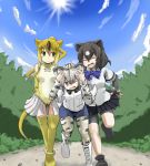  3girls ^_^ african_wild_dog_(kemono_friends) african_wild_dog_print animal_ear_fluff animal_ears animal_print annoyed arms_behind_back bear_ears bike_shorts black_footwear black_hair black_skirt blue_sky bodystocking boots bow bowtie breast_pocket brown_bear_(kemono_friends) circlet closed_eyes closed_eyes closed_mouth commentary_request cutoffs day dog_ears dog_tail elbow_gloves eyebrows_visible_through_hair fingerless_gloves friends full_body gloves golden_snub-nosed_monkey_(kemono_friends) green_eyes grey_eyes grey_hair hair_between_eyes hand_on_another&#039;s_head hand_on_own_arm hands_up hane_(kirschbaum) happy high_ponytail kemono_friends leaning_forward leotard long_hair long_sleeves looking_at_another medium_hair monkey_ears monkey_tail multicolored_hair multiple_girls one_eye_closed open_mouth outdoors petting pocket print_legwear print_sleeves running shirt shoes short_over_long_sleeves short_sleeves shorts shorts_under_skirt skirt sky smile spread_fingers sun tail thigh-highs two-tone_hair v-shaped_eyebrows walking white_footwear white_hair white_shirt yellow_footwear yellow_gloves yellow_legwear 