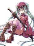  1girl 23-0 absurdly_long_hair black_gloves boots brown_footwear floating_hair gloves green_hair hair_between_eyes hair_ribbon hat hatsune_miku holding holding_sword holding_weapon jacket katana long_hair long_sleeves looking_at_viewer military_hat military_jacket miniskirt pink_jacket pink_legwear pleated_skirt purple_hat purple_skirt red_eyes red_ribbon ribbon senbon-zakura_(vocaloid) sheath sheathed skirt smile solo sword thigh-highs twintails very_long_hair vocaloid weapon wide_sleeves zettai_ryouiki 