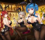  3girls ahoge alcohol animal_ears ass azur_lane bangs bare_shoulders black_footwear black_leotard black_neckwear blue_hair blush bottle bow bowtie breasts brown_legwear bunny_girl bunny_tail bunnysuit champagne cleavage closed_mouth covered_navel detached_collar eyebrows_visible_through_hair fake_animal_ears finger_to_mouth gijang holding holding_bottle honolulu_(azur_lane) indoors large_breasts leotard looking_at_viewer multicolored_hair multiple_girls open_mouth pantyhose parted_lips pink_eyes prinz_eugen_(azur_lane) rabbit_ears red_eyes redhead shiny shiny_skin sidelocks signature silver_hair sitting skindentation st._louis_(azur_lane) standing strapless strapless_leotard streaked_hair sweat swept_bangs tail tongue tongue_out twintails two_side_up wrist_cuffs yellow_eyes 