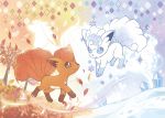  alolan_and_normal alolan_form alolan_ninetales alolan_vulpix artist_request autumn black_eyes blue_eyes creature creatures_(company) eye_contact full_body game_freak gen_1_pokemon ice looking_at_another ninetales nintendo no_humans official_art pokemon pokemon_(creature) seasons tree vulpix winter 