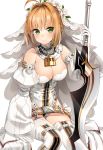  1girl 666_(ro_ro_ro3) absurdres aestus_estus ahoge belt blonde_hair breasts chains cleavage closed_mouth detached_sleeves fate/grand_order fate_(series) gloves green_eyes hair_intakes highres holding holding_sword holding_weapon invisible_chair large_breasts leotard lock looking_at_viewer nero_claudius_(bride)_(fate) nero_claudius_(fate)_(all) padlock short_hair sitting smile solo sword thigh-highs weapon white_gloves white_legwear white_leotard white_sleeves 