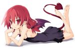 1girl barefoot bat_wings demon_girl demon_tail disgaea etna eyebrows_visible_through_hair flat_chest iwasi-r looking_at_viewer makai_senki_disgaea mini_wings pointy_ears red_eyes redhead short_hair simple_background smile solo tail white_background wings 