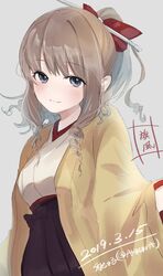  1girl 2019 akgsgra anchor artist_name blue_eyes blush brown_hair character_name dated drill_hair eyebrows_visible_through_hair furisode grey_background hair_ornament hair_ribbon hakama_skirt hatakaze_(kantai_collection) highres japanese_clothes kantai_collection kimono long_hair looking_at_viewer meiji_schoolgirl_uniform ponytail red_ribbon ribbon simple_background smile solo twitter_username yellow_kimono 