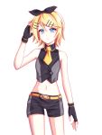  1girl bangs belt black_bow black_gloves black_shorts blonde_hair blue_eyes bow cowboy_shot ehfpalcl eyebrows_visible_through_hair fingerless_gloves gloves groin hair_between_eyes hair_bow hair_ornament hairclip highres kagamine_rin looking_at_viewer midriff navel necktie shiny shiny_hair short_hair short_necktie short_shorts shorts simple_background sleeveless solo stomach swept_bangs vocaloid white_background yellow_neckwear 