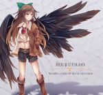  1girl alternate_costume bare_legs belt bird_wings black_wings boots bow brown_footwear brown_hair brown_jacket buttons casual character_name closed_mouth collared_jacket commentary_request contemporary cropped_legs cropped_shirt english_text feet_out_of_frame green_bow hair_bow hand_in_pocket highres jacket long_hair long_sleeves looking_afar looking_to_the_side midriff navel open_clothes open_jacket red_eyes reiuji_utsuho ri_cochet shadow shirt shorts solo standing stomach third_eye touhou unbuttoned white_shirt wings 