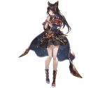  1girl animal_ears bangs belt black_hair closed_mouth earrings erune full_body granblue_fantasy hands_together jewelry long_coat long_hair long_sleeves looking_at_viewer minaba_hideo niia official_art open_toe_shoes red_eyes scrunchie shiny shiny_hair skirt solo standing toes transparent_background wide_sleeves wrist_scrunchie 