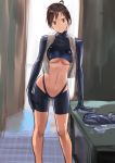  1girl ahoge bangs bike_shorts breasts brown_eyes brown_hair closed_mouth eyebrows_visible_through_hair hand_on_own_thigh head_tilt highres kilye_4421 legs_apart looking_at_viewer medium_breasts navel original short_hair skin_tight smile solo standing turtleneck under_boob 