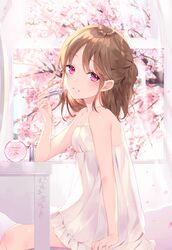  1girl :d achiki bare_arms bare_shoulders bottle breasts brown_hair cherry_blossoms curtains day dress frilled_dress frills hand_up head_tilt holding holding_lipstick_tube indoors lipstick_tube long_hair looking_at_viewer open_mouth original perfume_bottle pink_eyes sidelocks sitting sleeveless sleeveless_dress small_breasts smile solo spaghetti_strap sunlight table transparent tree white_dress window 