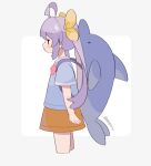  1girl animal_backpack antenna_hair backpack bag bangs blue_shirt blush brown_eyes brown_skirt captain_yue eyebrows_visible_through_hair grey_background hair_between_eyes hair_ribbon long_hair looking_away miyauchi_renge non_non_biyori parted_lips profile purple_hair ribbon shirt short_sleeves skirt solo twintails twitter_username two-tone_background v-shaped_eyebrows very_long_hair white_background yellow_ribbon 