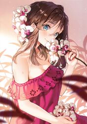  1girl absurdres ancotaku bangs bare_shoulders blue_eyes blurry blurry_background blurry_foreground blush breasts brown_hair cherry_blossoms cleavage closed_mouth collarbone depth_of_field dress eyes_visible_through_hair flower focused hair_between_eyes hair_flower hair_ornament hand_up highres holding holding_branch holding_flower huge_filesize leaf lens_flare light_particles looking_at_viewer medium_breasts medium_hair nail_polish off-shoulder_dress off_shoulder original pink_dress pink_flower pink_nails scan shiny shiny_hair signature sitting smile solo tareme upper_body water_drop wet white_flower 