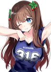  .live 1girl ;d arm_up armpits bangs bare_arms bare_shoulders blue_eyes blue_shirt blush bow breasts brown_hair clothes_writing collarbone green_bow grin hair_bow head_tilt jersey kakyouin_chieri large_breasts long_hair looking_at_viewer motsunuki one_eye_closed open_mouth shirt sidelocks simple_background sleeveless sleeveless_shirt smile solo sportswear sweat symbol-shaped_pupils two_side_up upper_body virtual_youtuber white_background 
