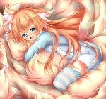  1girl absurdres animal_ear_fluff animal_ears blonde_hair blue_eyes blue_jacket blue_legwear blush child clouds commentary_request fang fox_ears fox_girl fox_tail hair_between_eyes highres huge_filesize jacket kyuubi large_tail long_hair looking_at_viewer macaroni710 multiple_tails open_mouth original smile solo straddling striped striped_legwear tail tail_hold tail_hug thigh-highs very_long_hair 