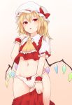  1girl ascot bangs beige_background blonde_hair blush bow bow_panties commentary_request cowboy_shot crop_top crystal flandre_scarlet frilled_ascot frilled_shirt_collar frills gluteal_fold gradient gradient_background groin hair_between_eyes hand_up hat hat_bow highres holding_clothes midriff miyo_(ranthath) mob_cap navel panties puffy_short_sleeves puffy_sleeves red_bow red_eyes red_skirt red_vest shirt short_hair short_sleeves skirt skirt_pull skirt_set solo standing stomach thighs touhou underwear vest white_background white_hat white_panties white_shirt wings wrist_cuffs yellow_neckwear 