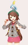  1girl :d :o backpack bag bangs blue_eyes brown_eyes brown_hair cardigan collarbone commentary_request creatures_(company) eyebrows_visible_through_hair female_protagonist_(pokemon_swsh) game_freak gen_8_pokemon green_hat hat holding holding_poke_ball long_sleeves looking_up nintendo open_mouth poke_ball poke_ball_(generic) pokemon pokemon_(creature) pokemon_(game) pokemon_swsh s_himapanda shirt short_hair simple_background smile sobble standing tam_o&#039;_shanter 