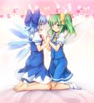  2girls :d ascot ass bangs barefoot blue_bow blue_dress blue_eyes blue_hair blue_skirt blue_vest blush bow bowtie chima_q cirno commentary_request daiyousei dress eyebrows_visible_through_hair fairy_wings full_body green_eyes green_hair hair_bow highres ice ice_wings kneeling looking_at_viewer multiple_girls no_shoes open_mouth pinafore_dress pink_background profile puffy_short_sleeves puffy_sleeves red_bow red_neckwear shirt short_hair short_sleeves side_ponytail skirt skirt_set smile socks touhou vest white_legwear white_shirt wing_collar wings yellow_neckwear 