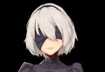  1girl black_background black_blindfold black_dress black_hairband blindfold blush commentary_request dark_background dress face fei_mao hairband highres mole mole_under_mouth nier_(series) nier_automata puffy_sleeves short_hair simple_background solo teeth yorha_no._2_type_b 