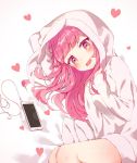  1girl animal_hood bangs bare_legs blunt_bangs blush bunny_hood commentary digital_media_player drooling heart heart-shaped_pupils hood hood_up ipod long_hair long_sleeves lying momingie on_bed on_side open_mouth original pink_eyes pink_hair smile solo symbol-shaped_pupils white_hoodie 