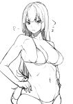  1girl breasts closed_mouth greyscale groin hands_on_hips long_hair looking_at_viewer low-tied_long_hair medium_breasts monochrome navel obmas_(pfeito) original simple_background sketch solo string_bikini v-shaped_eyebrows white_background 