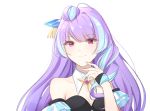  1girl arm_strap breasts cleavage detached_collar eyebrows_visible_through_hair floating_hair highres ise_dango long_hair looking_at_viewer macross macross_delta mikumo_guynemer purple_hair red_eyes shiny shiny_hair simple_background small_breasts smile solo tied_hair upper_body very_long_hair white_background wing_collar 