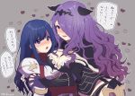  2girls armor artist_name belt black_armor blue_eyes blue_hair blush breasts camilla_(fire_emblem_if) cleavage fire_emblem fire_emblem:_mystery_of_the_emblem fire_emblem_if gloves grey_background hair_over_one_eye hand_holding heart long_hair multiple_girls nintendo open_mouth purple_hair sheeda simple_background tiara tokika_asr violet_eyes yuri 