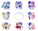  3boys 5girls blonde_hair blue_eyes blue_hair blue_scarf bouquet bow braid brown_eyes brown_hair chibi cup dessert dress dressing_another drinking_glass flower food green_eyes green_hair gumi hair_bow hair_ornament hair_ribbon hairclip hatsune_miku high_ponytail highres holding holding_food hyou_(pixiv3677917) ia_(vocaloid) ice_cream ice_cream_cone japanese_clothes kagamine_len kagamine_rin kaito kamui_gakupo long_hair megurine_luka meiko multiple_boys multiple_girls ponytail purple_hair ribbon scarf short_hair twin_braids very_long_hair vocaloid waiter waitress wine_glass winter_clothes 