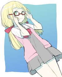  1girl absurdres adjusting_eyewear blonde_hair closed_mouth creatures_(company) dress game_freak glasses green_eyes highres lillie_(pokemon) long_hair nintendo peppedayo_ne pokemon pokemon_(anime) pokemon_sm_(anime) red-framed_eyewear school_uniform short_dress short_sleeves simple_background smile solo white_background 