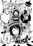  &gt;_&lt; 4girls black_hair blackcat_(pixiv) bow_(instrument) closed_eyes dated english_text eyebrows_visible_through_hair hair_between_eyes hat headband highres instrument layla_prismriver long_sleeves lunasa_prismriver lyrica_prismriver merlin_prismriver monochrome moon_(ornament) multiple_girls music musical_note one_eye_closed piano playing_instrument pound_sign shoes short_hair siblings sisters smile socks star_hat_ornament sun_(ornament) touhou trumpet violin 